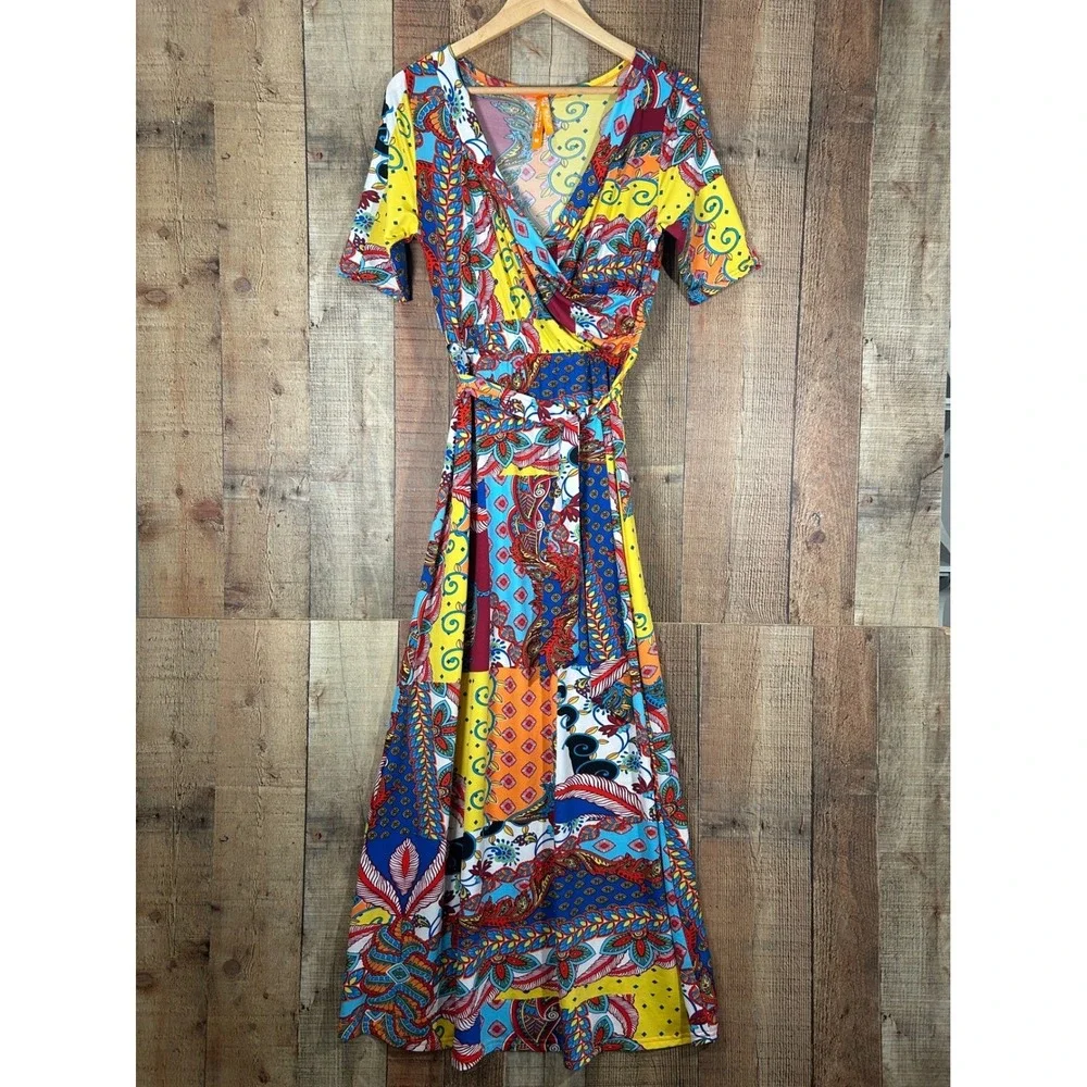 Boho Patchwork Maxi Dress Wrap Style Medium M Colorful Festival Flutter Sleeve - Picture 2 of 9